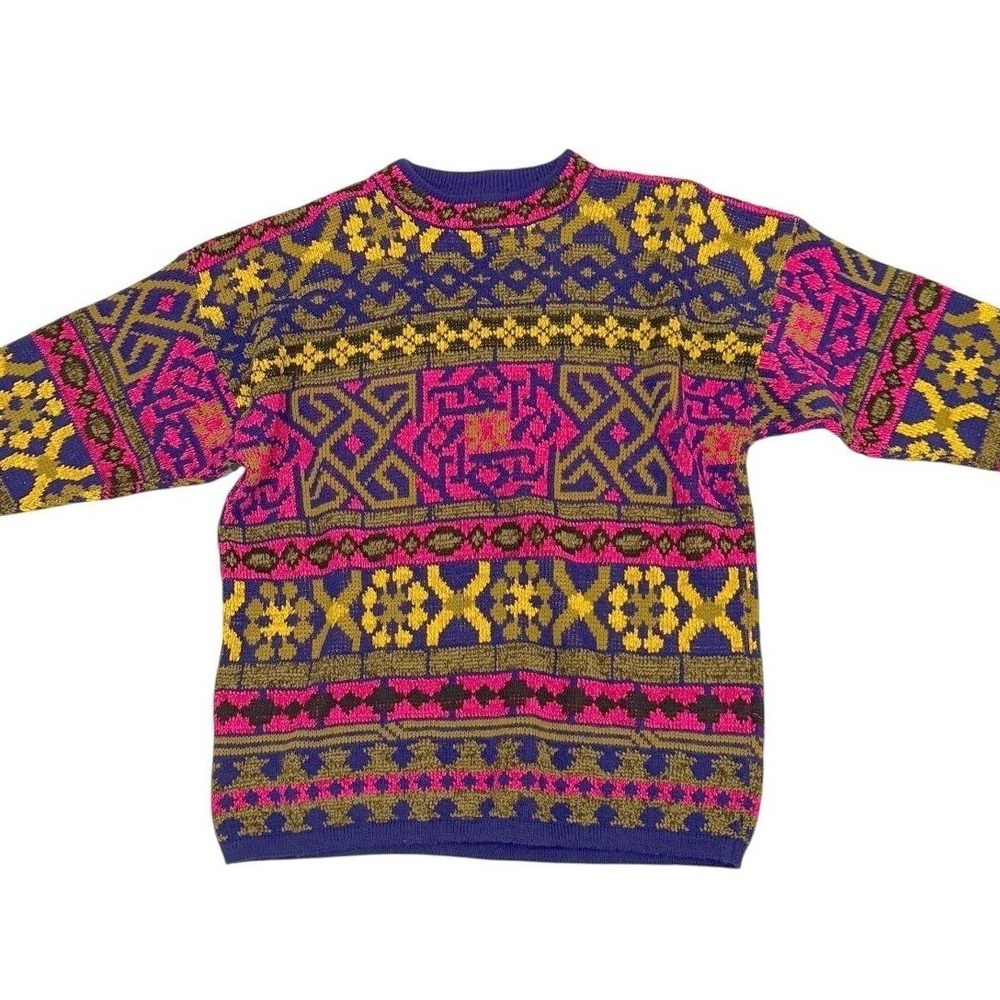 VTG Carducci Womens L Multicolor Geometric Aztec Wool Sweater Italy Retro 80s